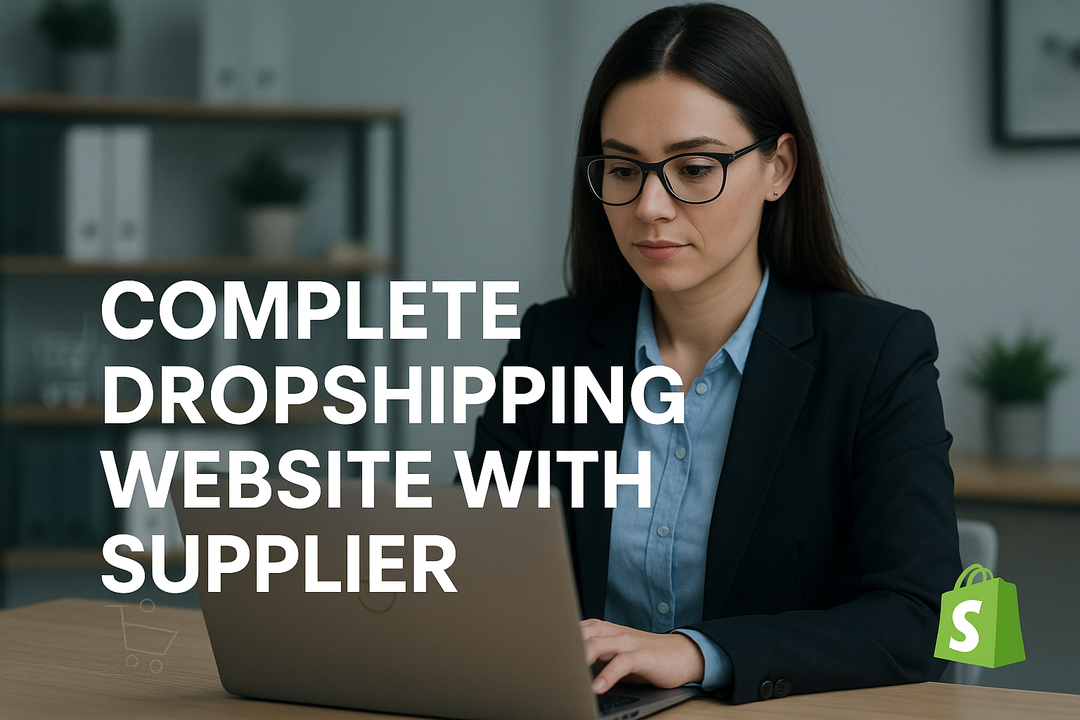 picture of a women in the background and add shopify logo small size and write this message"Complete Dropshipping Website with Supplier"
